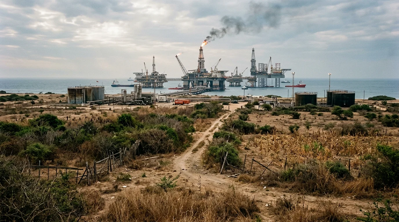 Нефтяная экономика — вышки на фоне заброшенных сельхозземель