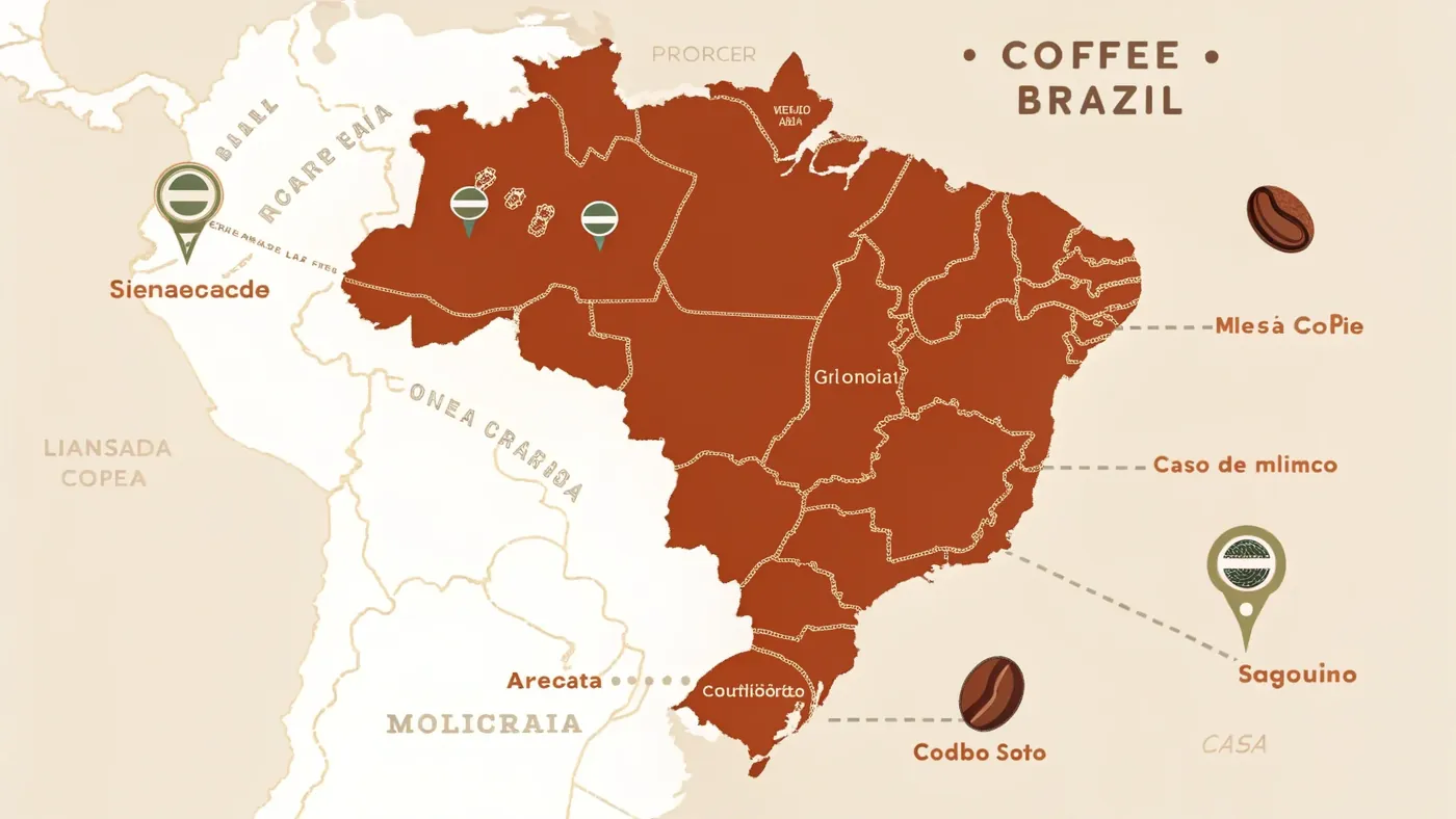 Карта кофейных регионов Бразилии — Cerrado, Sul de Minas, Mogiana, Espírito Santo