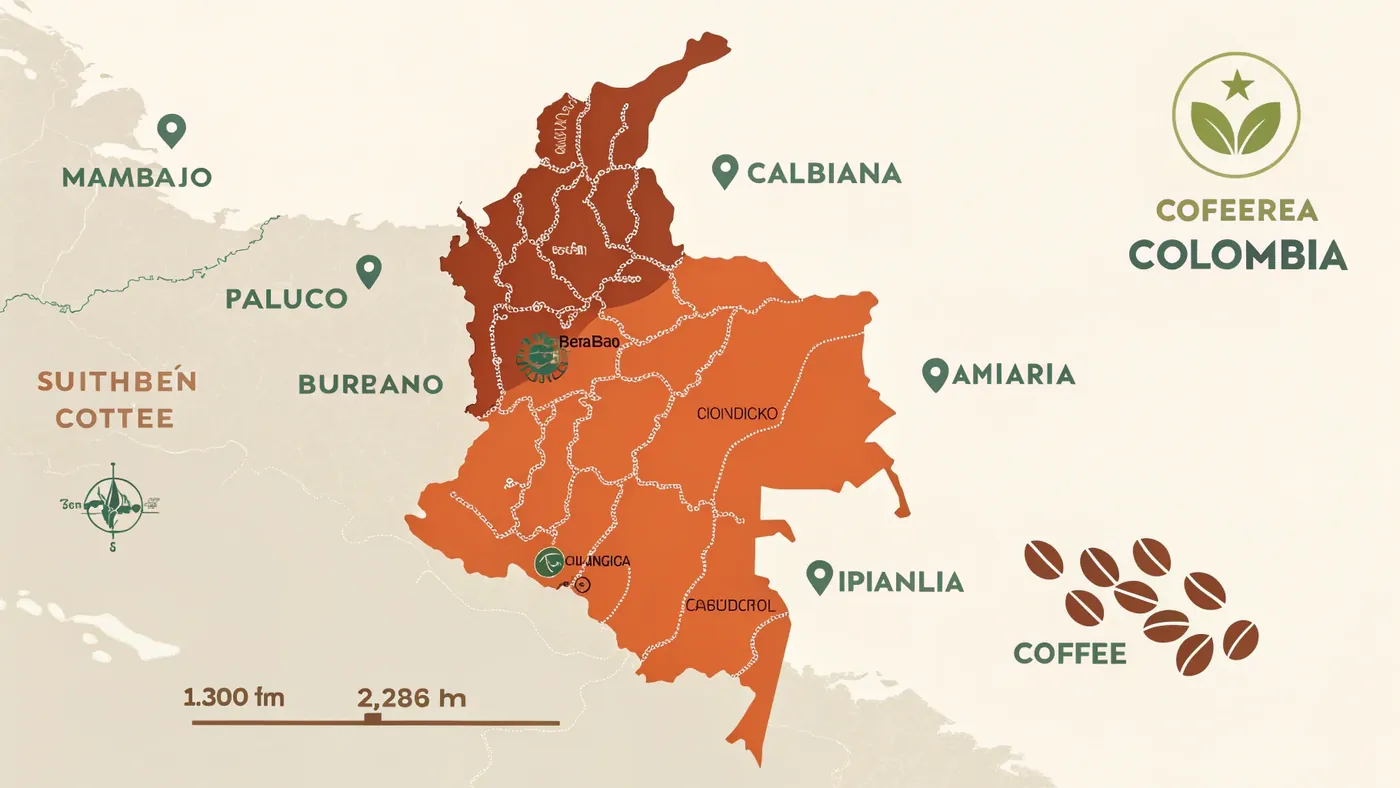 Карта кофейных регионов Колумбии — Eje Cafetero, Huila, Antioquia, Nariño