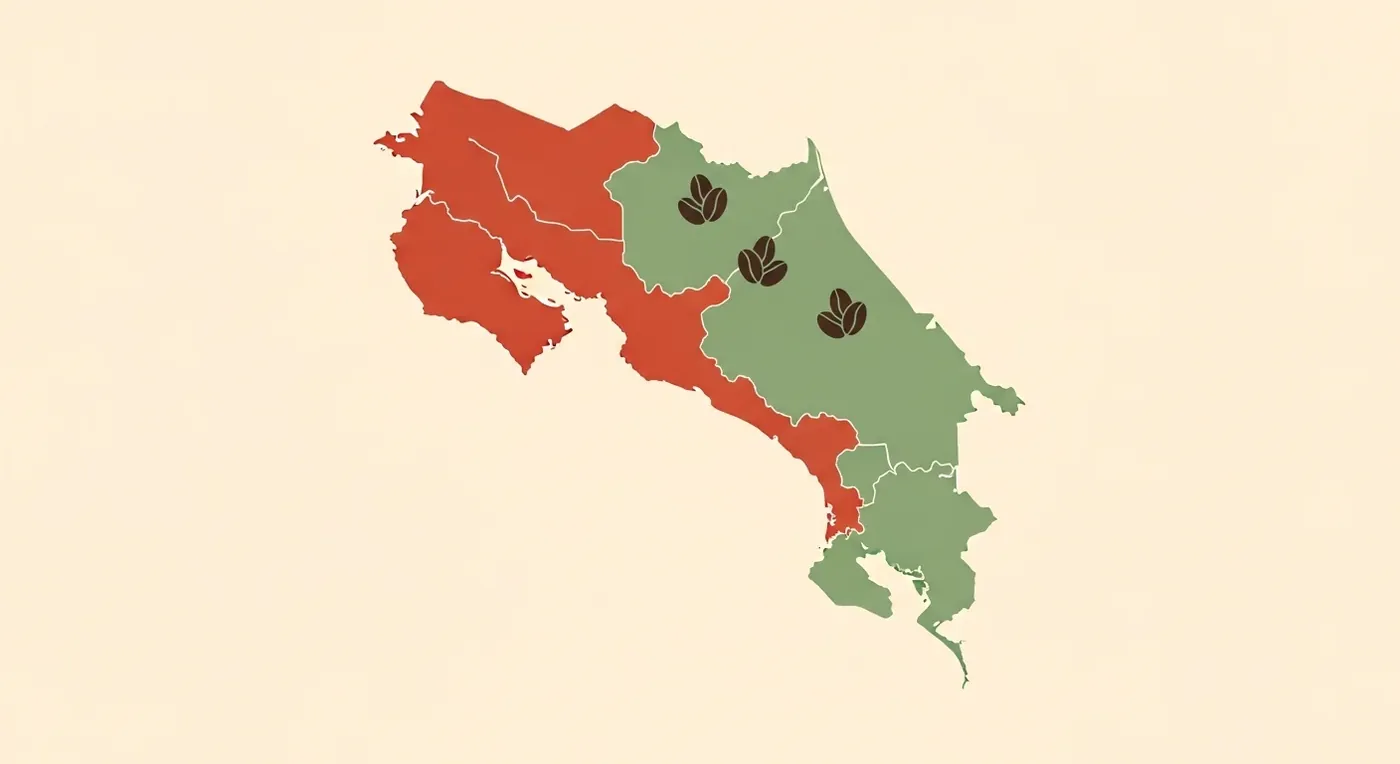 Карта кофейных регионов Коста-Рики — Tarrazú, Tres Ríos, West Valley, Brunca, Turrialba