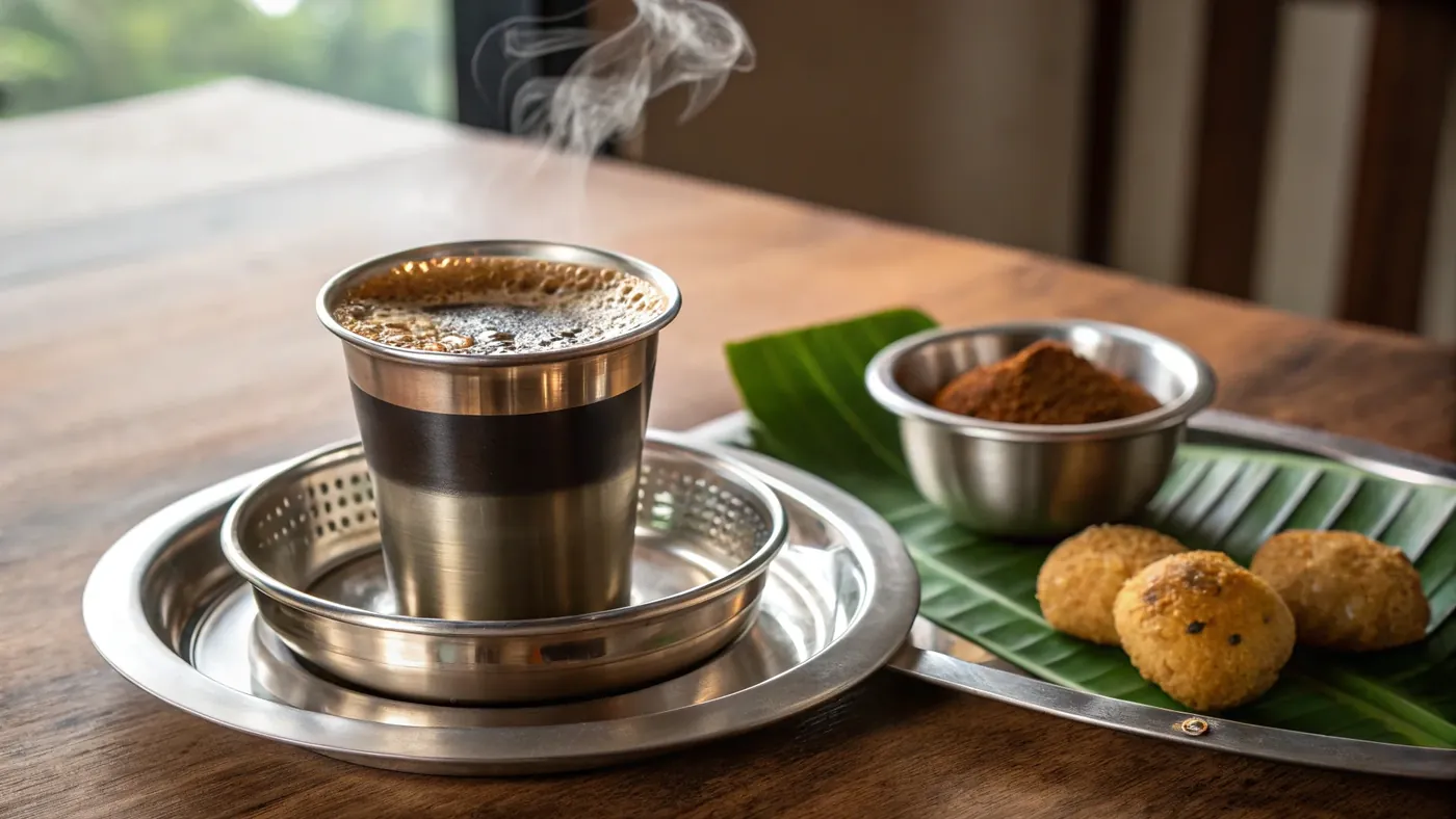 South Indian Filter Coffee (Kaapi) — традиционная подача в металлической дабара-тумблере с горячим молоком