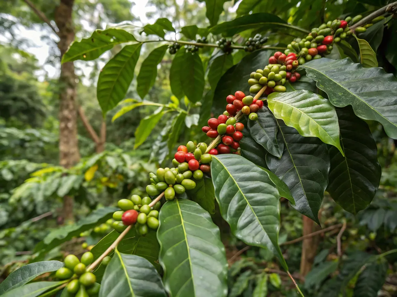 Индийская робуста — куст Coffea canephora с круглыми зелёно-красными ягодами на низкогорной плантации в Керале