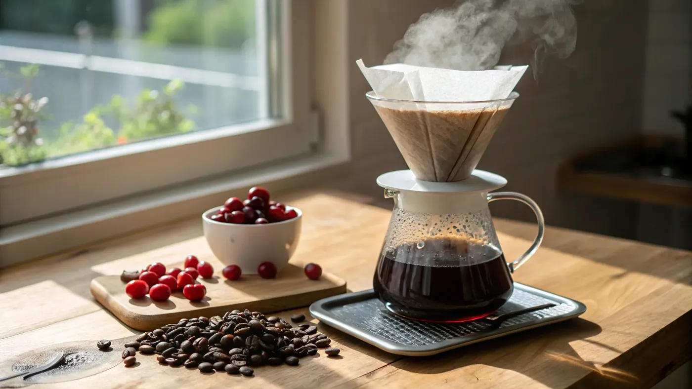 Kenya AA в V60 — заваривание дома с зёрнами и кофейными ягодами на деревянной столешнице