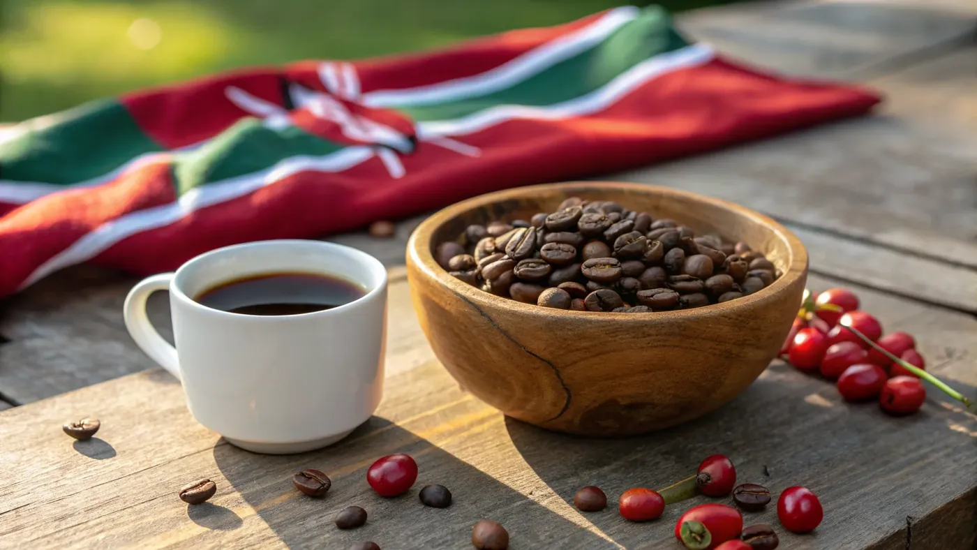 Кенийский кофе — чашка Kenya AA, миска зёрен и флаг Кении на деревянном столе