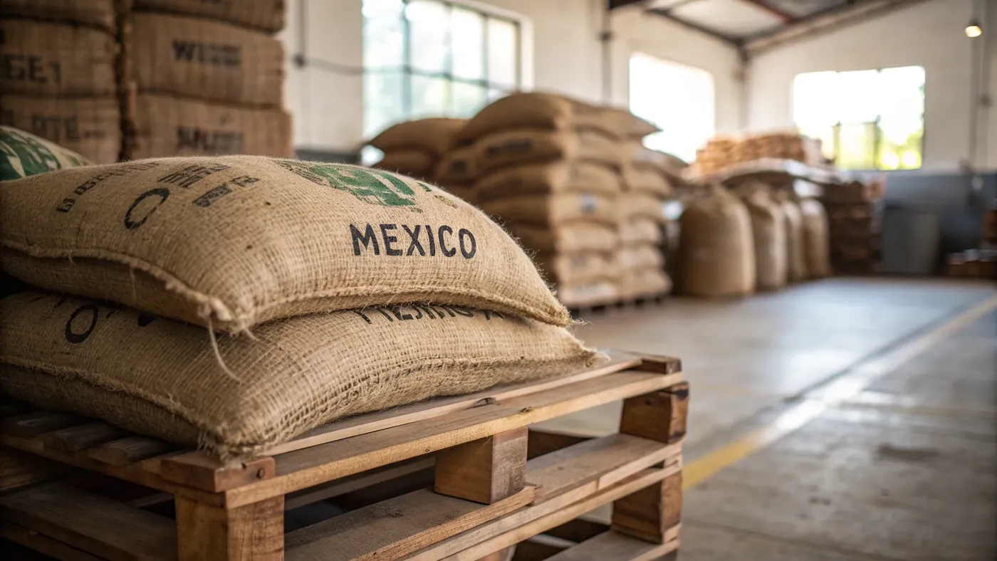 Экспорт мексиканского кофе — мешки с маркировкой Mexico на складе перед отгрузкой