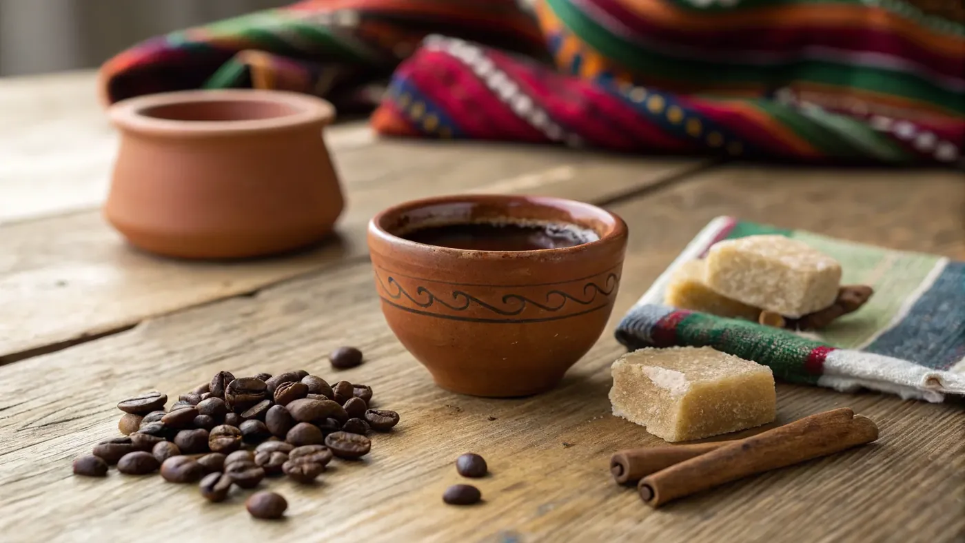 Мексиканский кофе — глиняная чашка café de olla, тёмные зёрна, панела и серапе