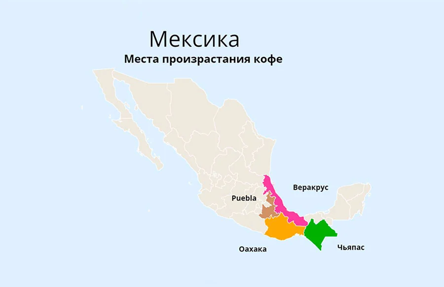 Карта производства кофе в Мексике — основные регионы выращивания арабики