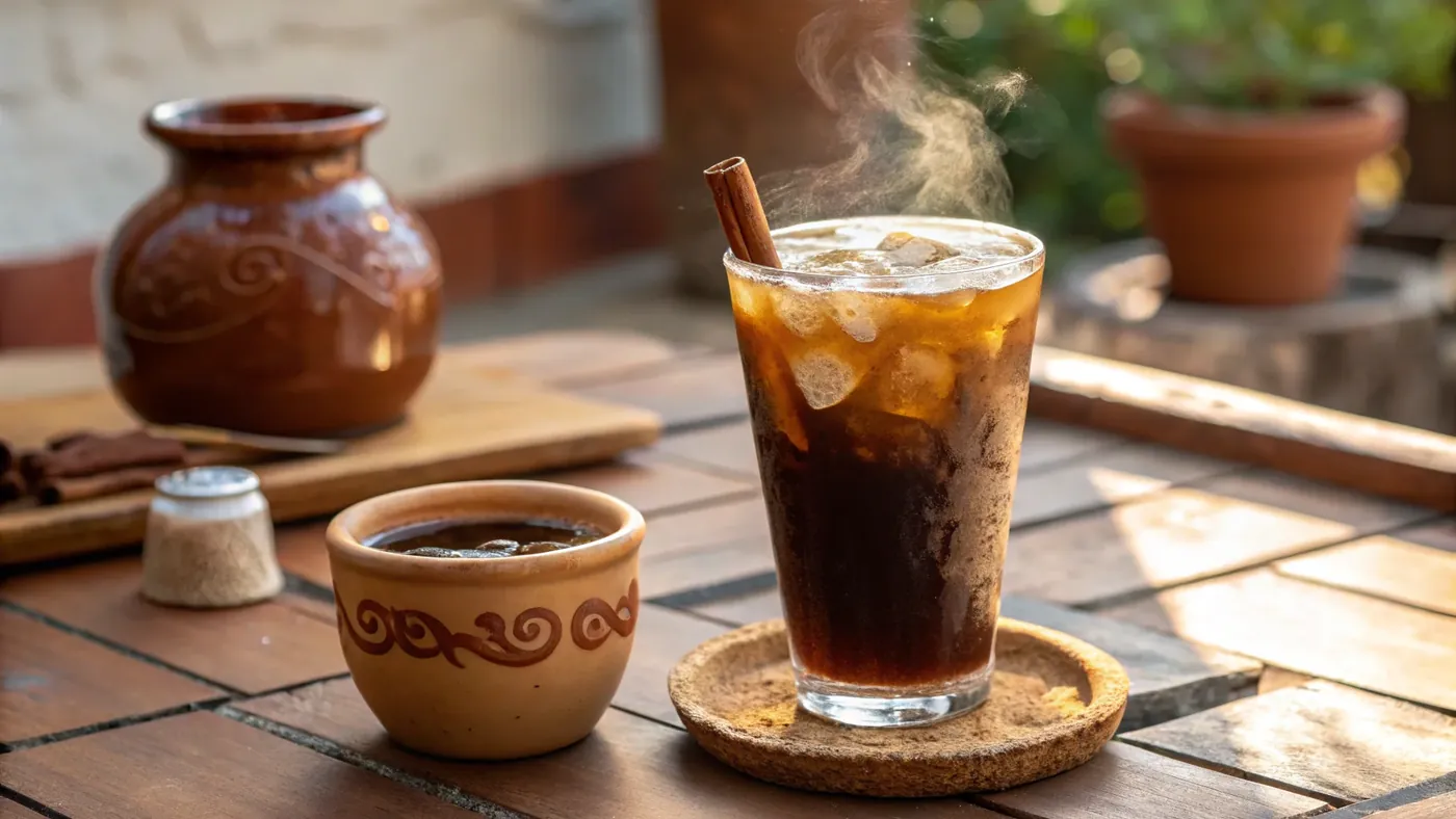 Два главных мексиканских кофейных напитка — café de olla в глиняной чашке и carajillo в высоком стакане