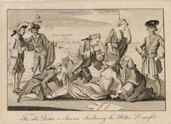 Умелый доктор, или Америка, глотающая горькое зелье — карикатура 1773