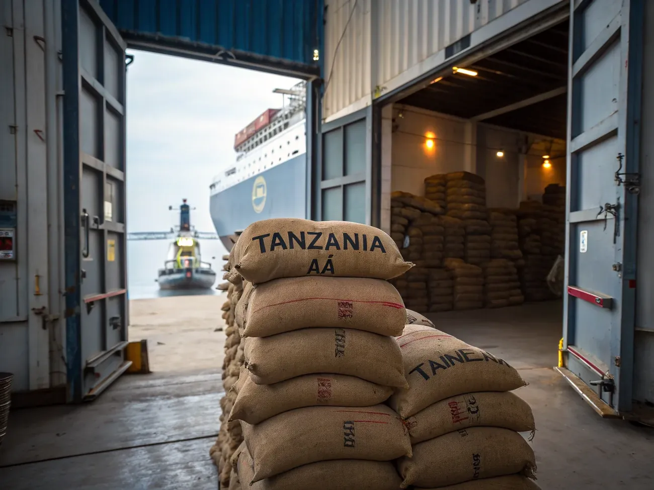 Танзанийский экспорт кофе — мешки Tanzania AA на складе порта Дар-эс-Салам перед погрузкой