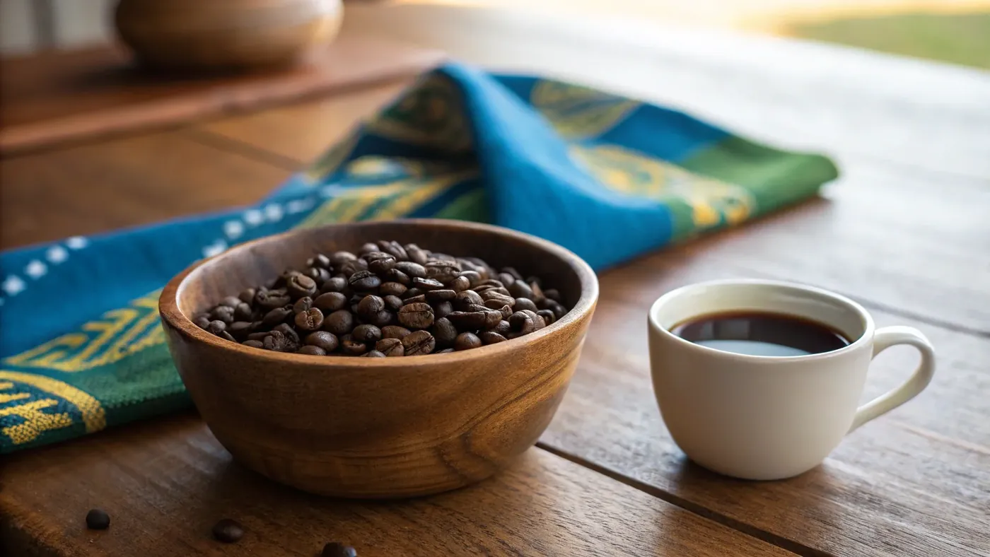 Танзанийский кофе peaberry в чашке и зёрна на кanga-ткани с африканским узором