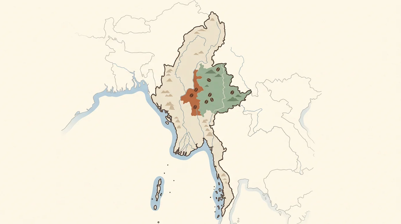 Карта кофейных регионов Мьянмы — штат Шан (Ywangan), регион Мандалай (Pyin Oo Lwin)