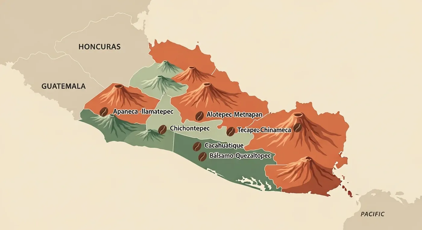 Карта кофейных регионов Сальвадора — Apaneca-Ilamatepec, Alotepec-Metapán, Chichontepec, Tecapa-Chinameca