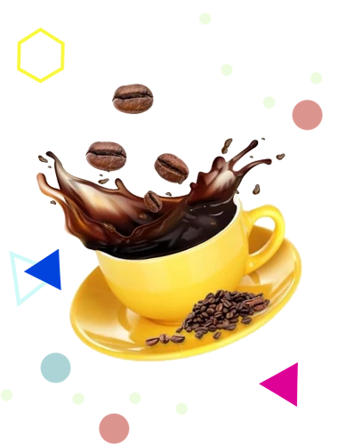 Чашка кофе со всплеском и разлетающимися зёрнами